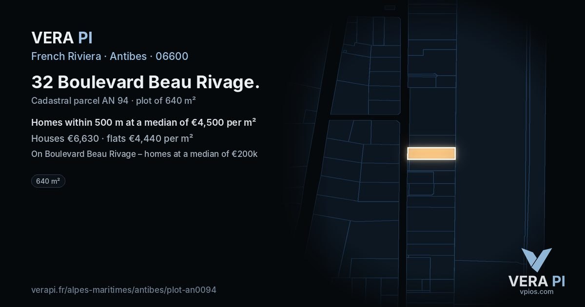 32 Boulevard Beau Rivage, Antibes at night – the plot lit, the parcels around coloured by the prices near them