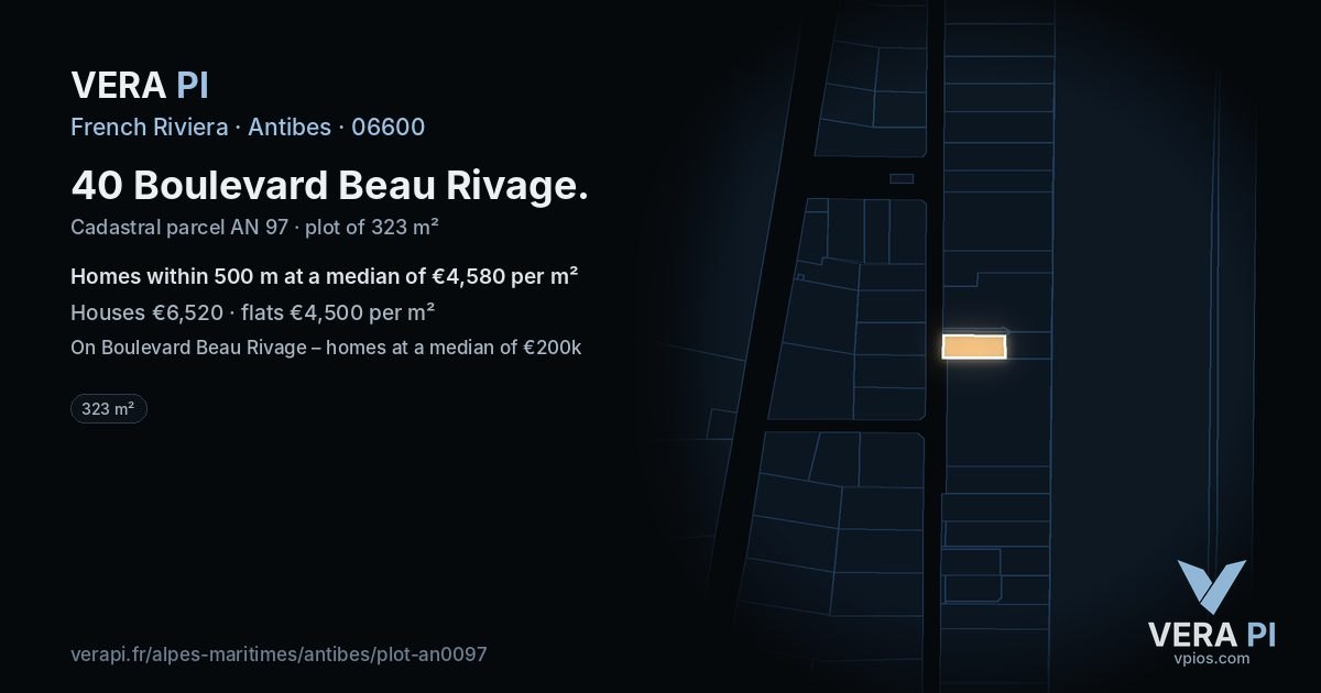 40 Boulevard Beau Rivage, Antibes at night – the plot lit, the parcels around coloured by the prices near them
