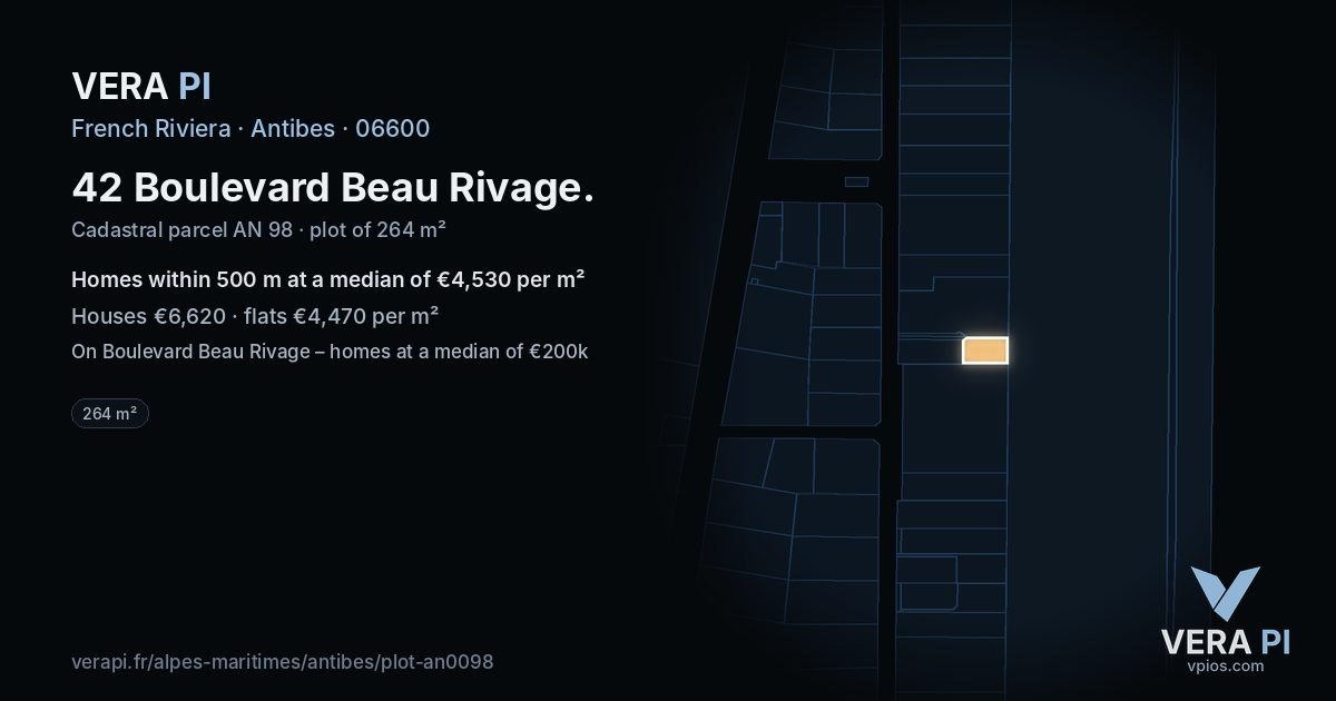 42 Boulevard Beau Rivage, Antibes at night – the plot lit, the parcels around coloured by the prices near them