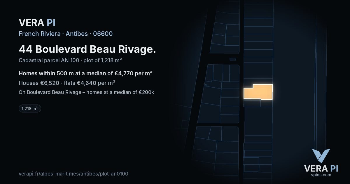 44 Boulevard Beau Rivage, Antibes at night – the plot lit, the parcels around coloured by the prices near them