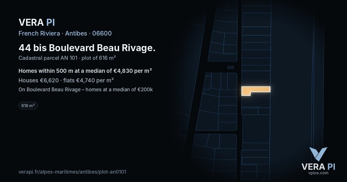 44 bis Boulevard Beau Rivage, Antibes at night – the plot lit, the parcels around coloured by the prices near them