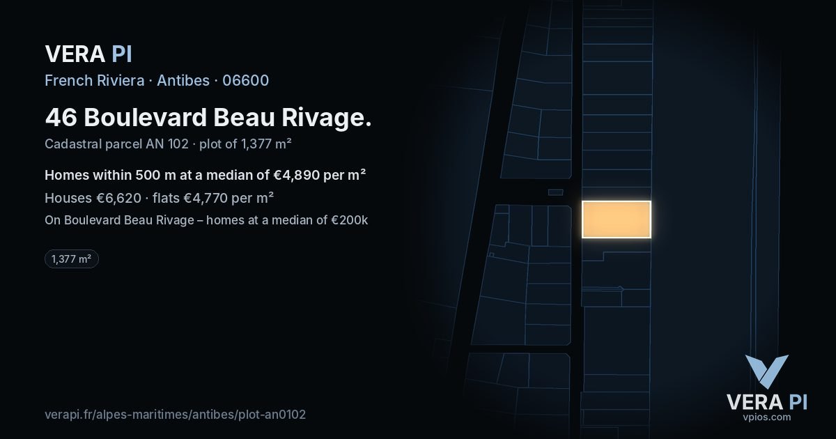46 Boulevard Beau Rivage, Antibes at night – the plot lit, the parcels around coloured by the prices near them