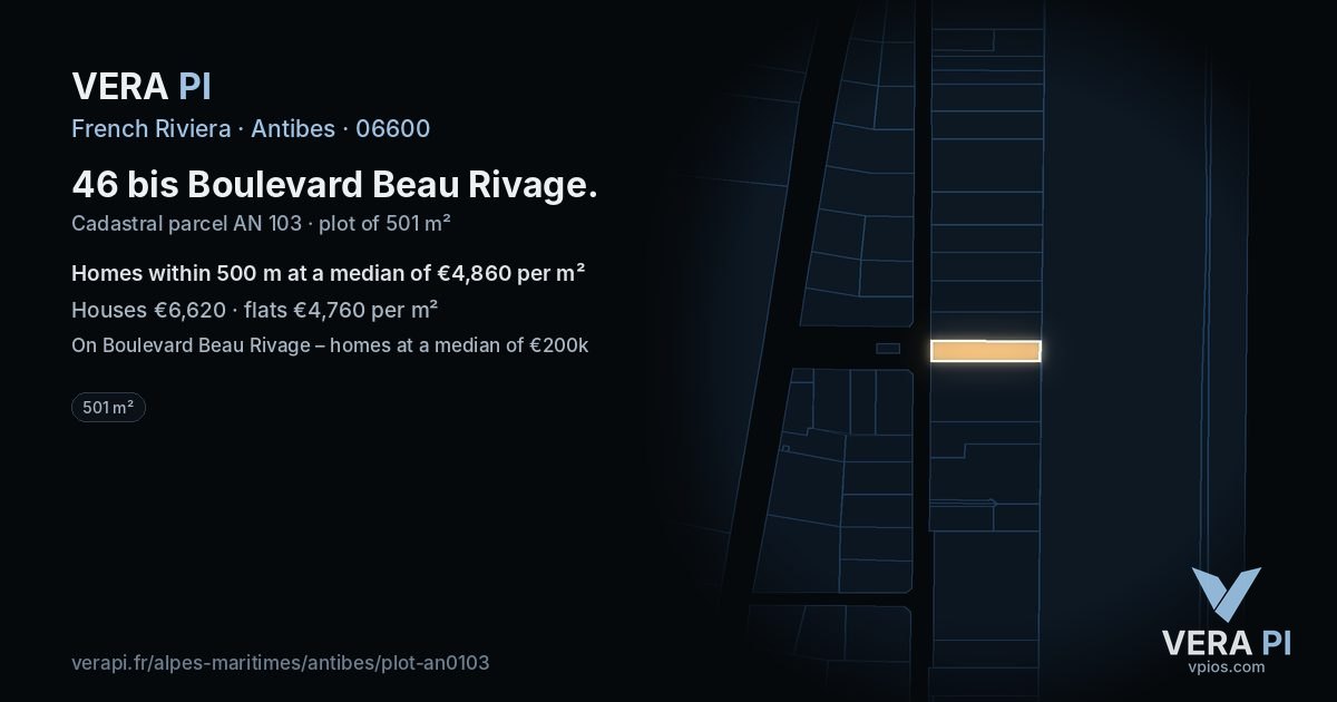 46 bis Boulevard Beau Rivage, Antibes at night – the plot lit, the parcels around coloured by the prices near them