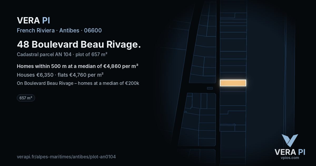 48 Boulevard Beau Rivage, Antibes at night – the plot lit, the parcels around coloured by the prices near them