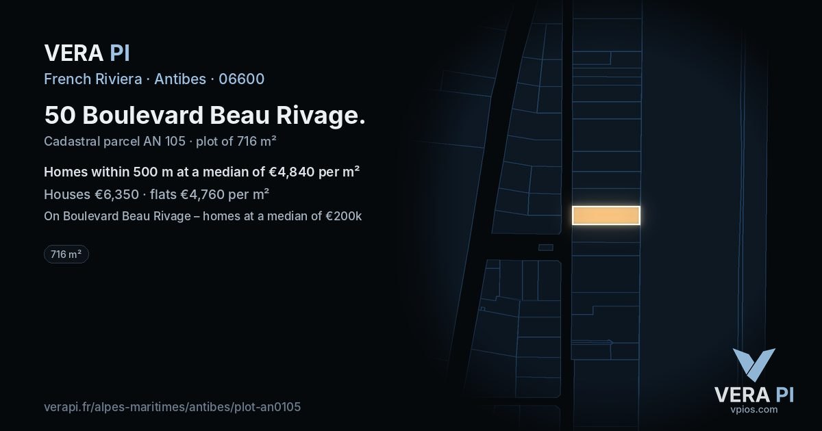 50 Boulevard Beau Rivage, Antibes at night – the plot lit, the parcels around coloured by the prices near them