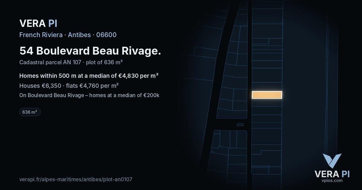 54 Boulevard Beau Rivage, Antibes at night – the plot lit, the parcels around coloured by the prices near them