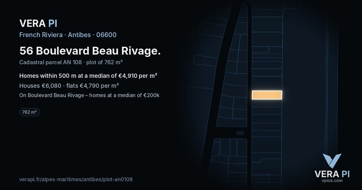 56 Boulevard Beau Rivage, Antibes at night – the plot lit, the parcels around coloured by the prices near them