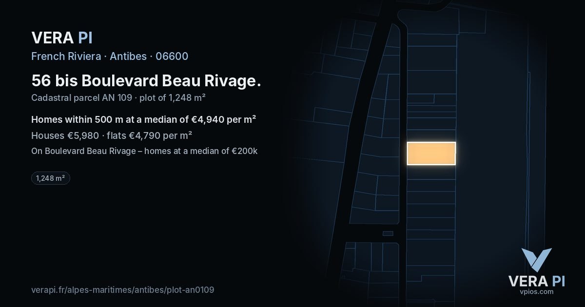 56 bis Boulevard Beau Rivage, Antibes at night – the plot lit, the parcels around coloured by the prices near them