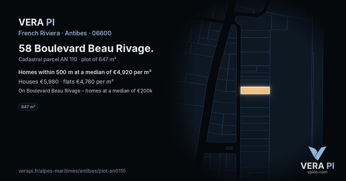 58 Boulevard Beau Rivage, Antibes at night – the plot lit, the parcels around coloured by the prices near them