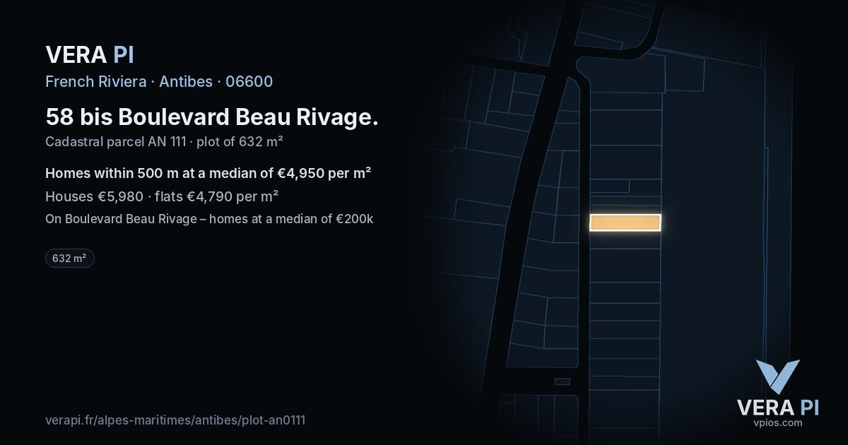 58 bis Boulevard Beau Rivage, Antibes at night – the plot lit, the parcels around coloured by the prices near them