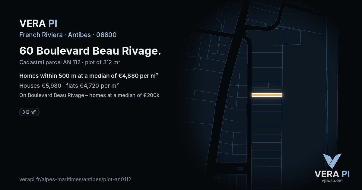 60 Boulevard Beau Rivage, Antibes at night – the plot lit, the parcels around coloured by the prices near them