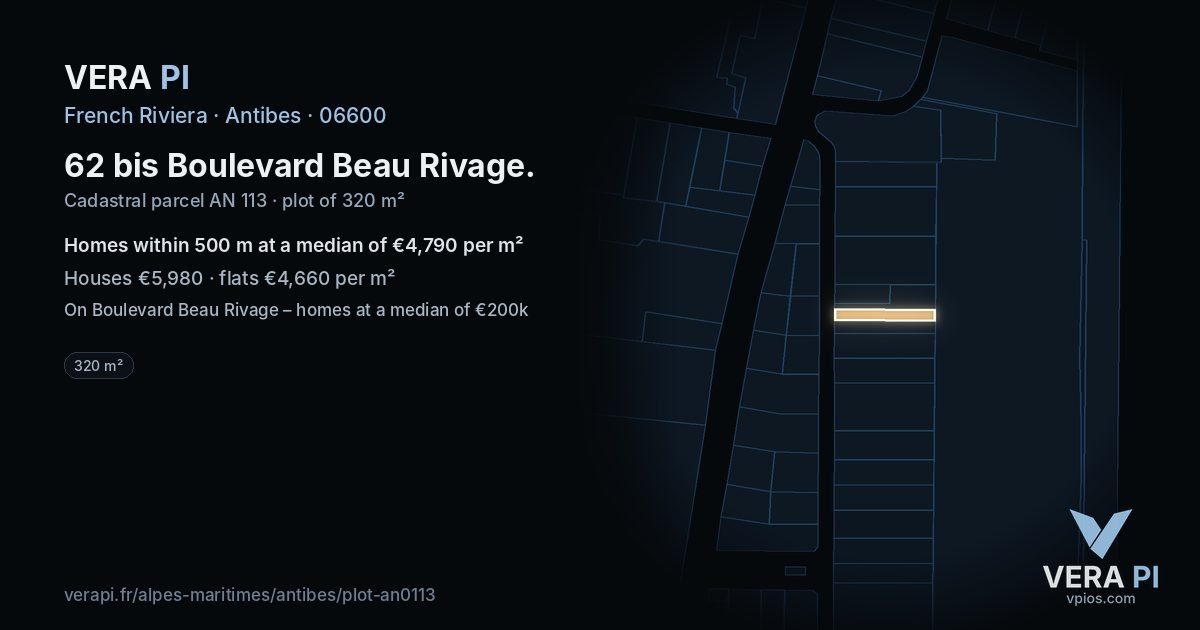 62 bis Boulevard Beau Rivage, Antibes at night – the plot lit, the parcels around coloured by the prices near them