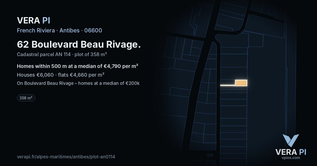 62 Boulevard Beau Rivage, Antibes at night – the plot lit, the parcels around coloured by the prices near them