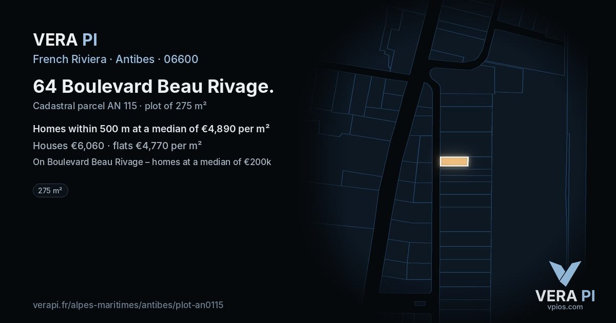 64 Boulevard Beau Rivage, Antibes at night – the plot lit, the parcels around coloured by the prices near them