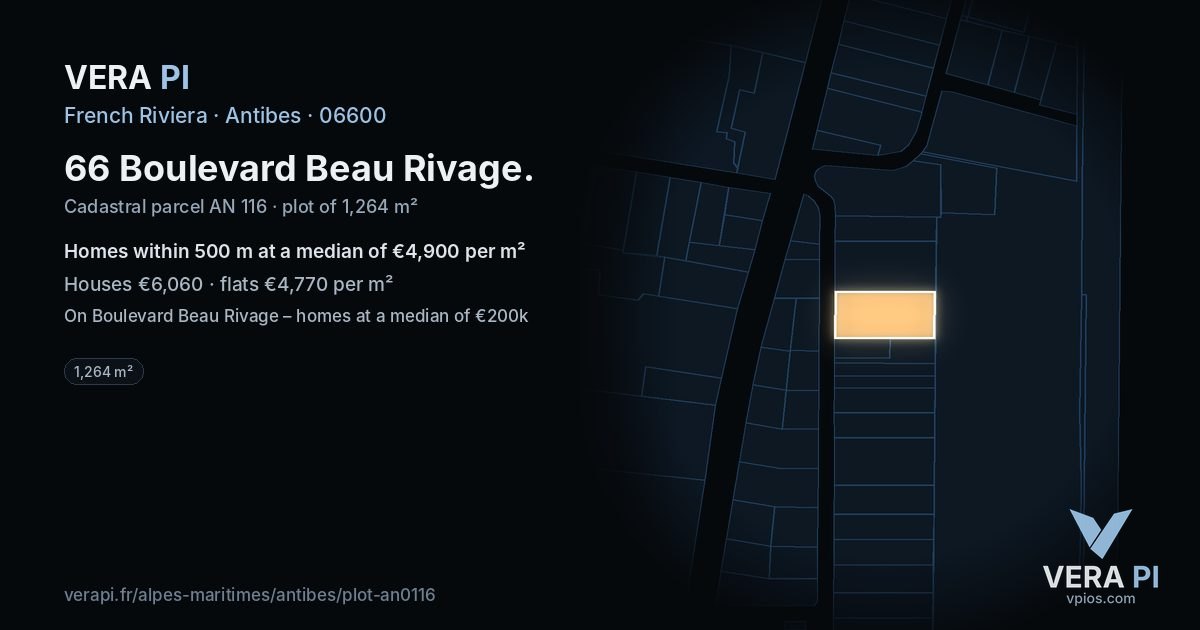 66 Boulevard Beau Rivage, Antibes at night – the plot lit, the parcels around coloured by the prices near them