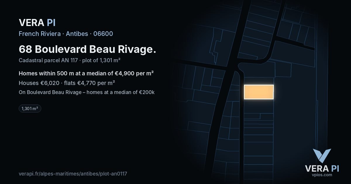 68 Boulevard Beau Rivage, Antibes at night – the plot lit, the parcels around coloured by the prices near them