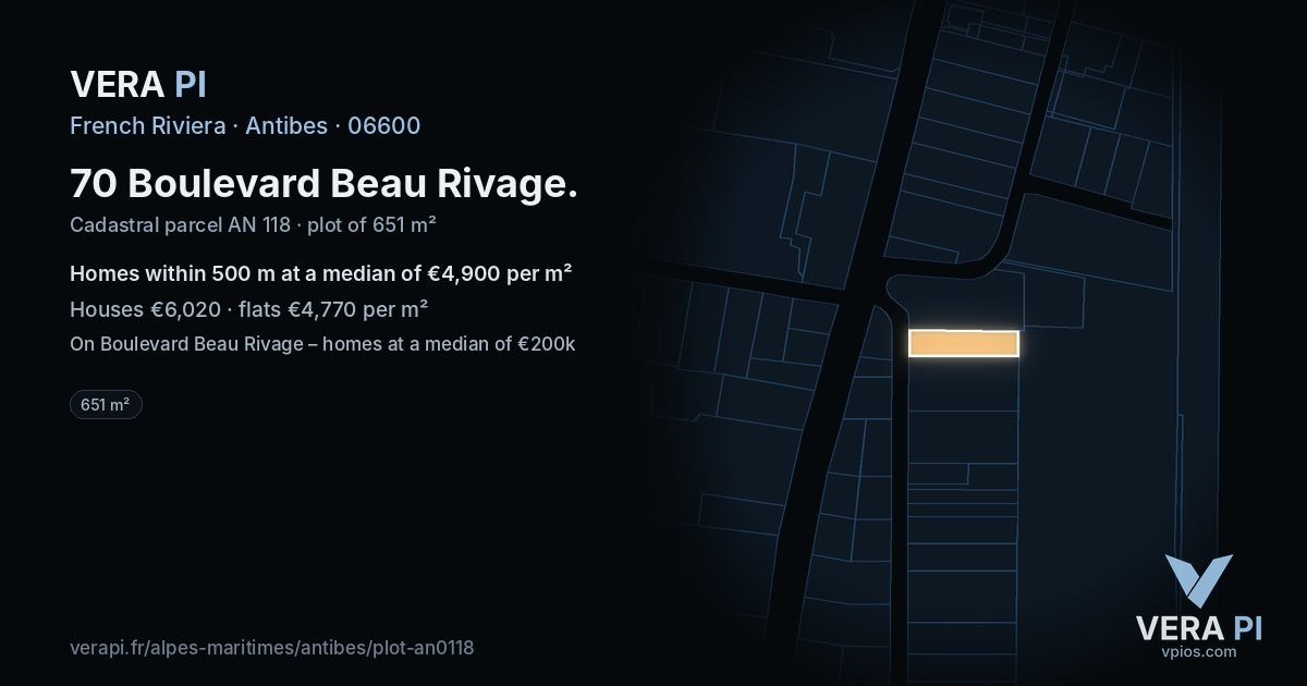 70 Boulevard Beau Rivage, Antibes at night – the plot lit, the parcels around coloured by the prices near them
