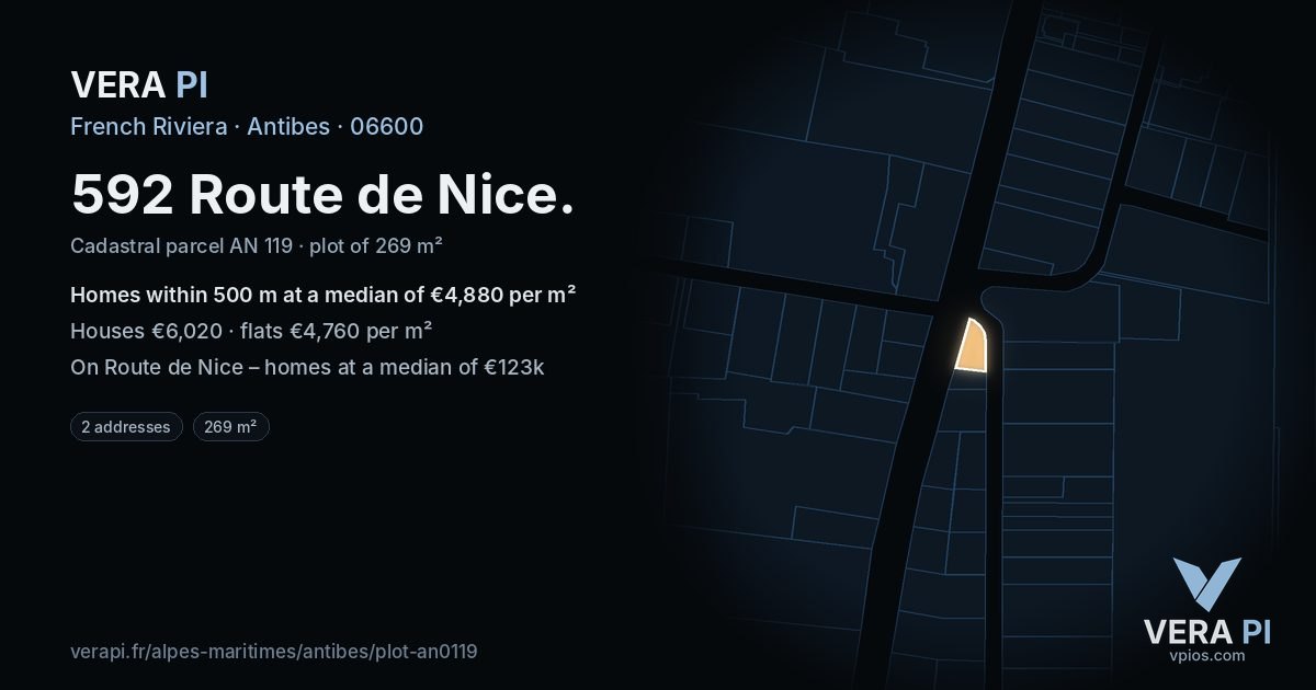 592 Route de Nice, Antibes at night – the plot lit, the parcels around coloured by the prices near them