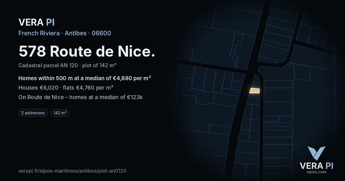 578 Route de Nice, Antibes at night – the plot lit, the parcels around coloured by the prices near them