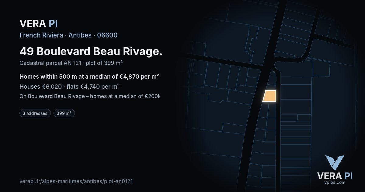 49 Boulevard Beau Rivage, Antibes at night – the plot lit, the parcels around coloured by the prices near them