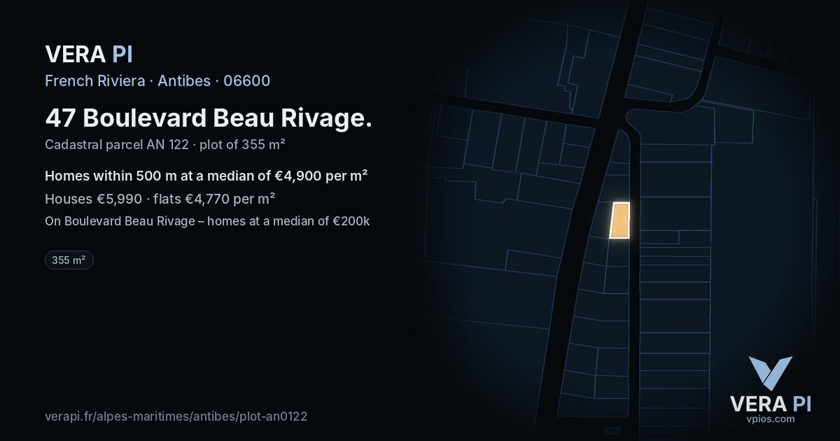 47 Boulevard Beau Rivage, Antibes at night – the plot lit, the parcels around coloured by the prices near them