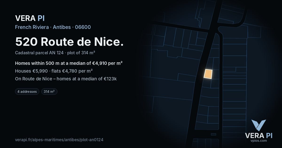 520 Route de Nice, Antibes at night – the plot lit, the parcels around coloured by the prices near them