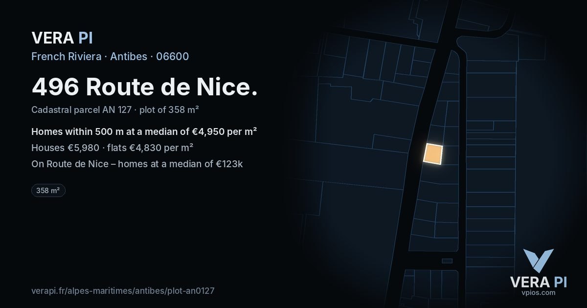 496 Route de Nice, Antibes at night – the plot lit, the parcels around coloured by the prices near them