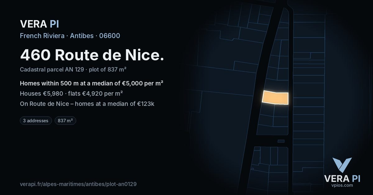 460 Route de Nice, Antibes at night – the plot lit, the parcels around coloured by the prices near them