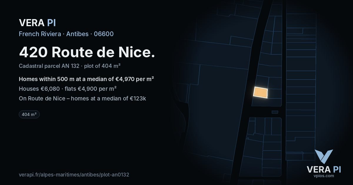 420 Route de Nice, Antibes at night – the plot lit, the parcels around coloured by the prices near them