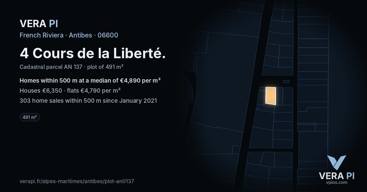 4 Cours de la Liberté, Antibes at night – the plot lit, the parcels around coloured by the prices near them