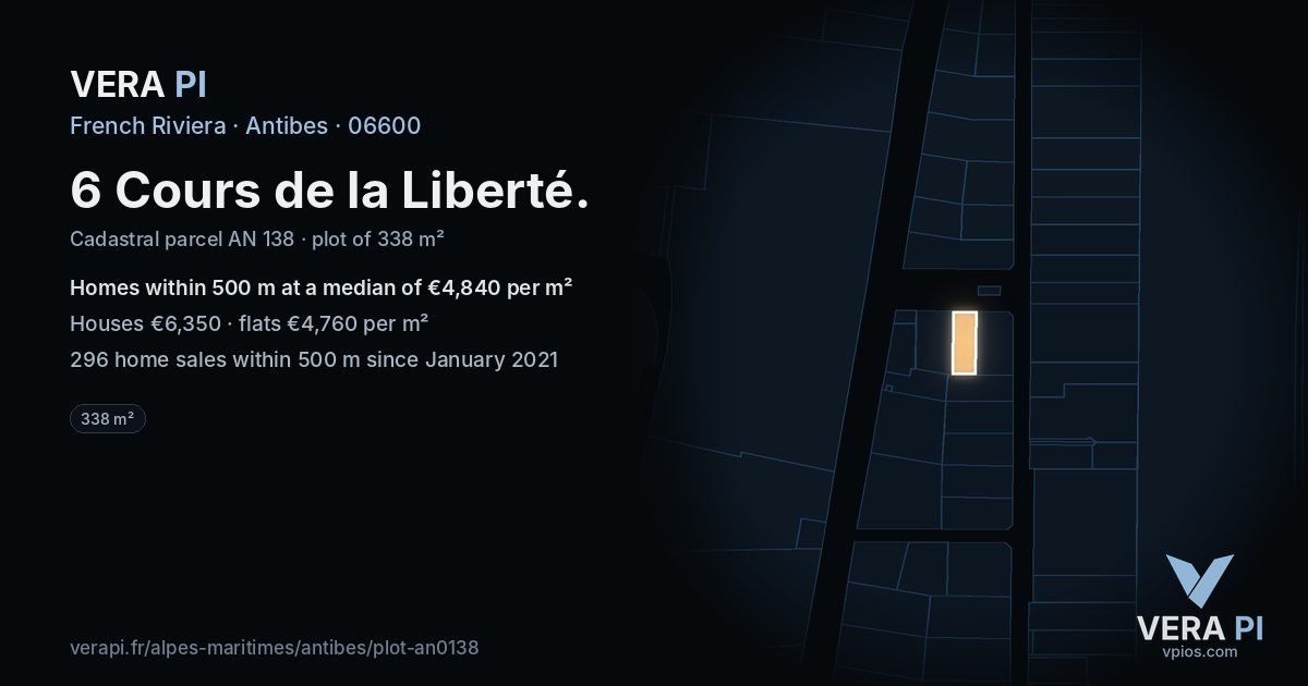 6 Cours de la Liberté, Antibes at night – the plot lit, the parcels around coloured by the prices near them