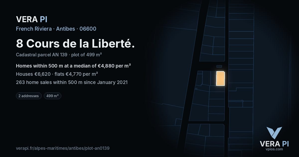 8 Cours de la Liberté, Antibes at night – the plot lit, the parcels around coloured by the prices near them