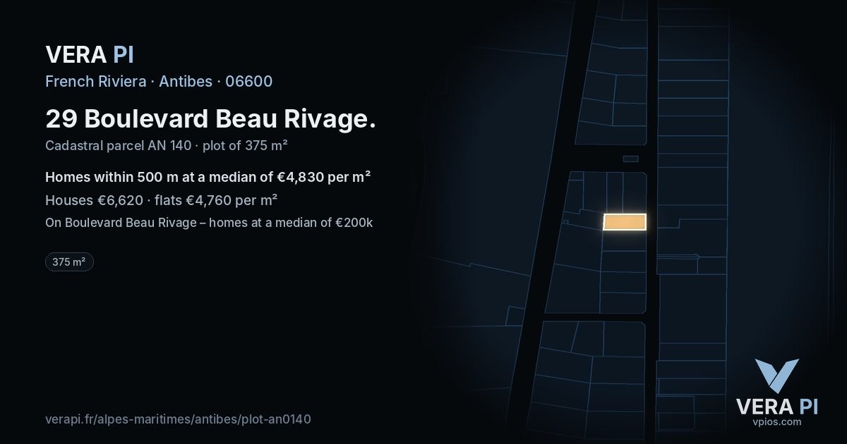 29 Boulevard Beau Rivage, Antibes at night – the plot lit, the parcels around coloured by the prices near them
