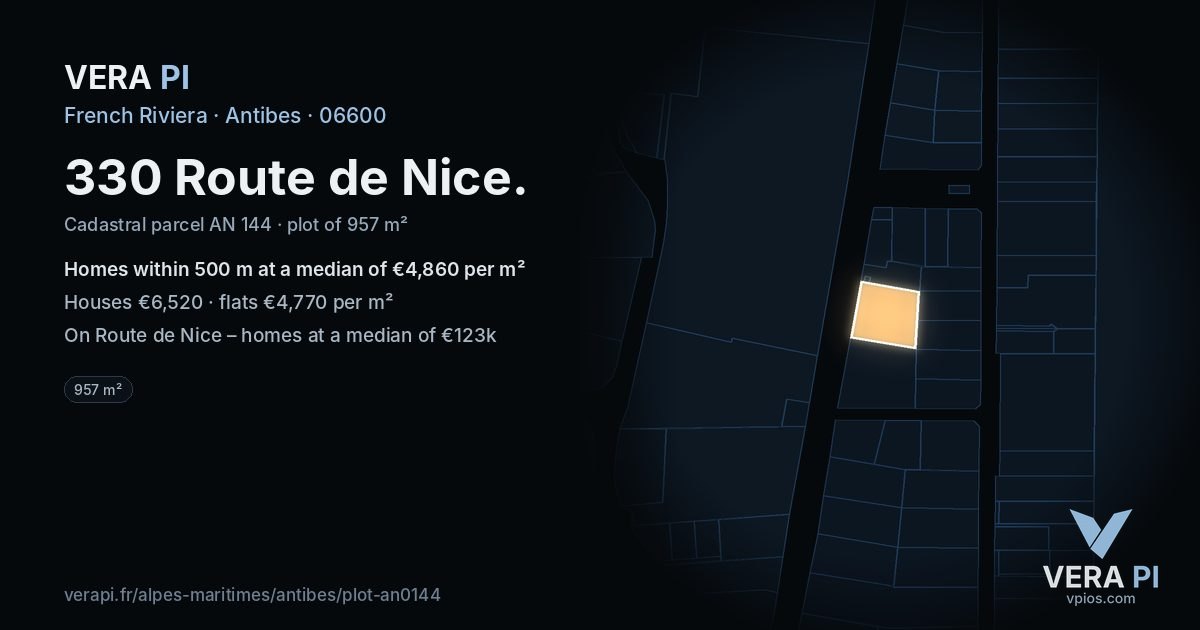 330 Route de Nice, Antibes at night – the plot lit, the parcels around coloured by the prices near them
