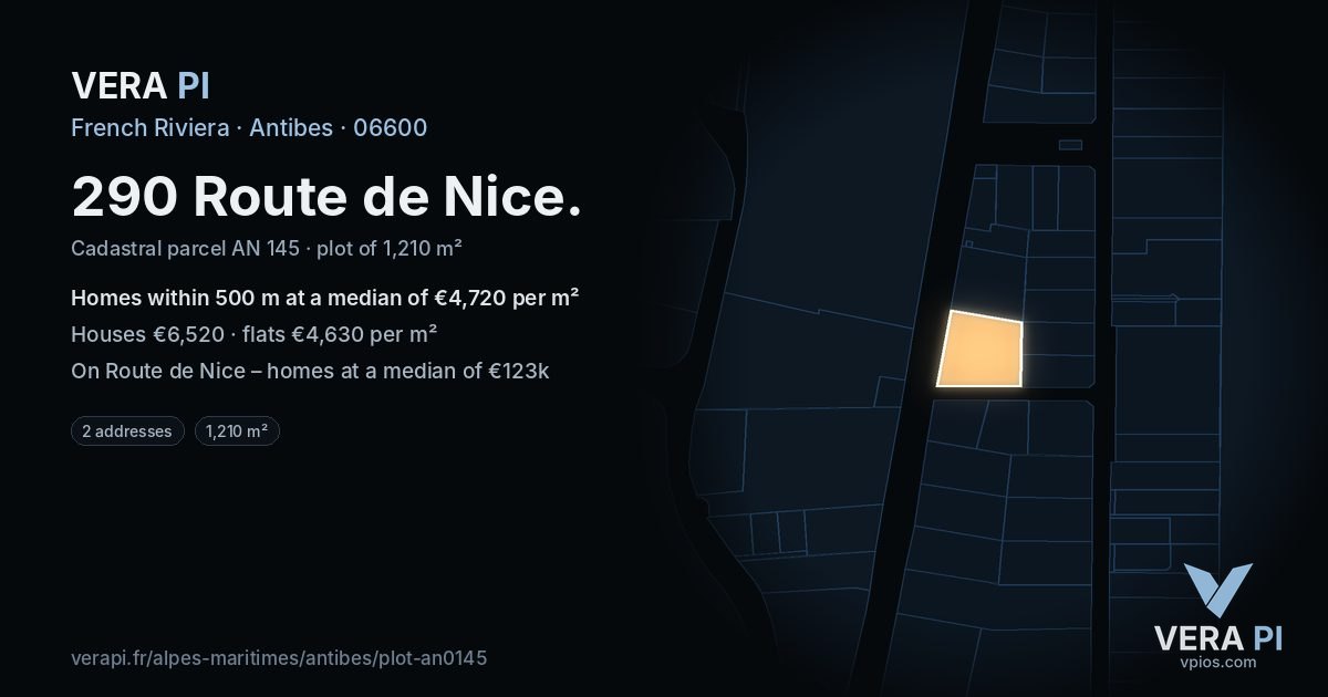 290 Route de Nice, Antibes at night – the plot lit, the parcels around coloured by the prices near them