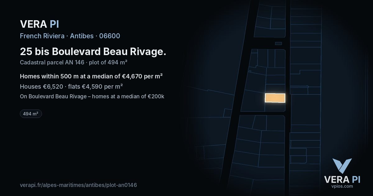 25 bis Boulevard Beau Rivage, Antibes at night – the plot lit, the parcels around coloured by the prices near them
