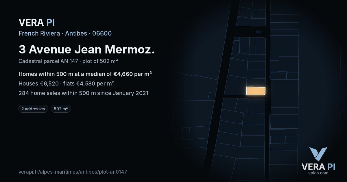 3 Avenue Jean Mermoz, Antibes at night – the plot lit, the parcels around coloured by the prices near them