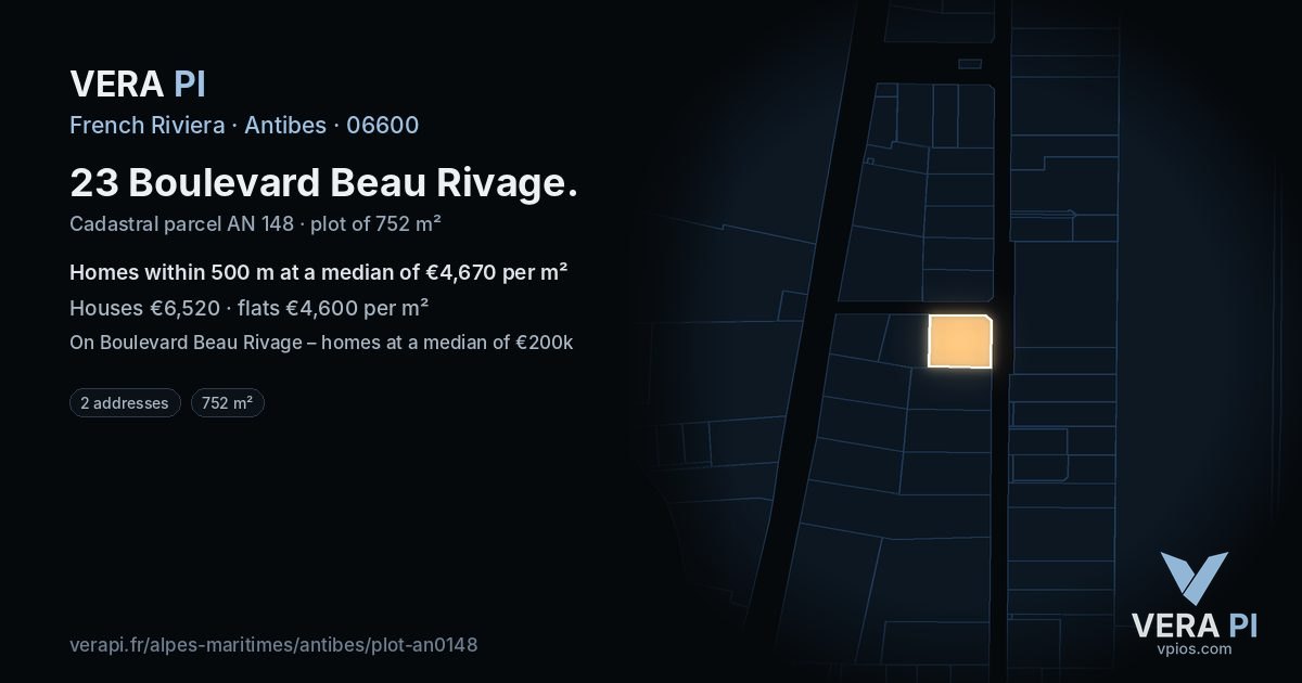 23 Boulevard Beau Rivage, Antibes at night – the plot lit, the parcels around coloured by the prices near them
