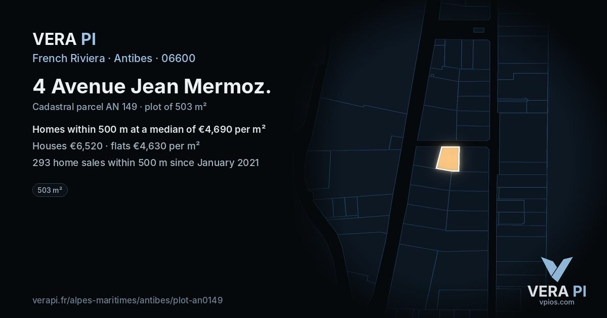 4 Avenue Jean Mermoz, Antibes at night – the plot lit, the parcels around coloured by the prices near them
