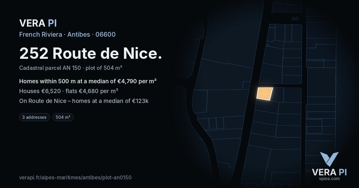 252 Route de Nice, Antibes at night – the plot lit, the parcels around coloured by the prices near them