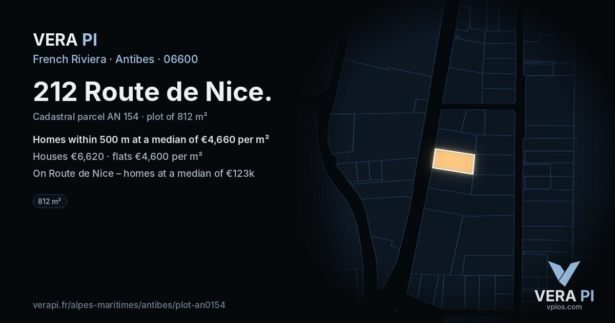 212 Route de Nice, Antibes at night – the plot lit, the parcels around coloured by the prices near them