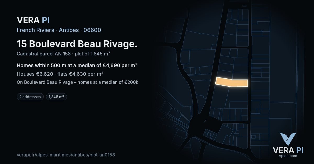 15 Boulevard Beau Rivage, Antibes at night – the plot lit, the parcels around coloured by the prices near them