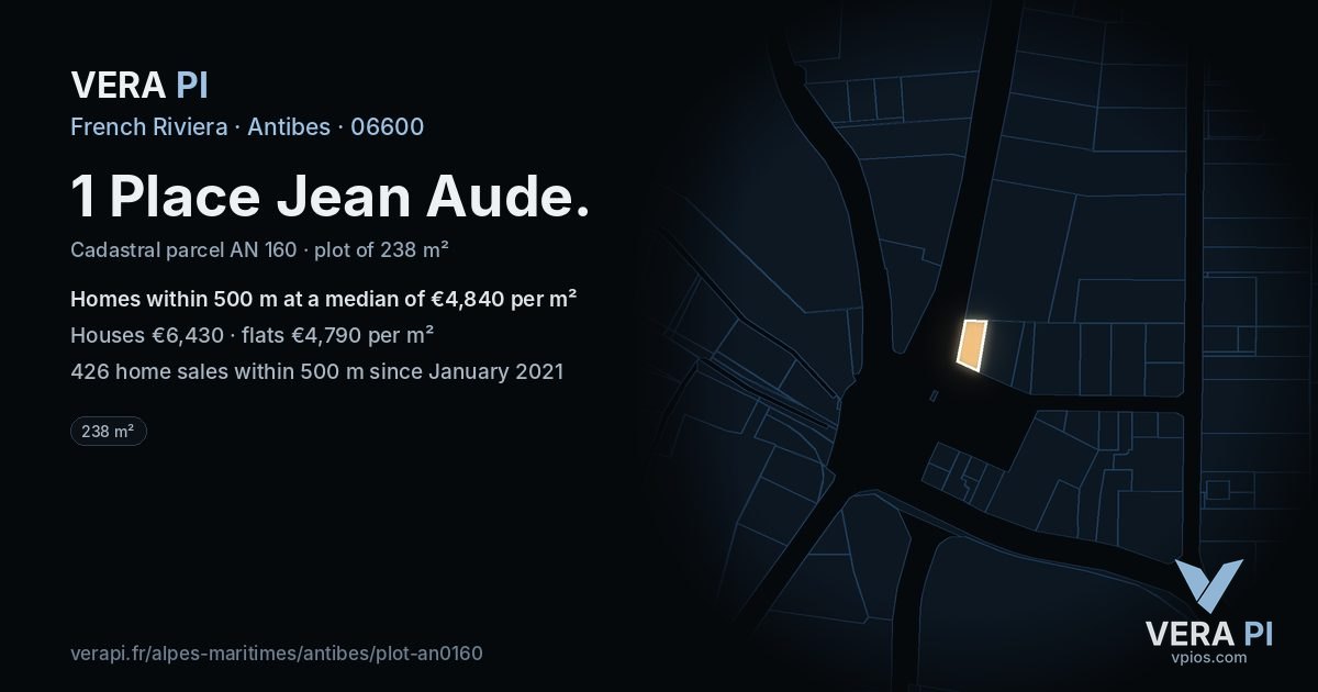 1 Place Jean Aude, Antibes at night – the plot lit, the parcels around coloured by the prices near them