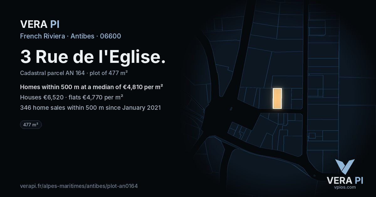 3 Rue de l'Eglise, Antibes at night – the plot lit, the parcels around coloured by the prices near them