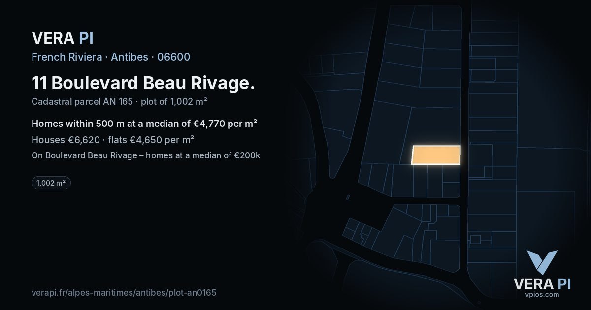 11 Boulevard Beau Rivage, Antibes at night – the plot lit, the parcels around coloured by the prices near them