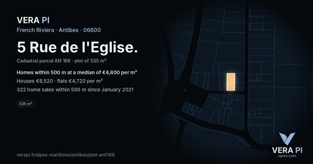 5 Rue de l'Eglise, Antibes at night – the plot lit, the parcels around coloured by the prices near them