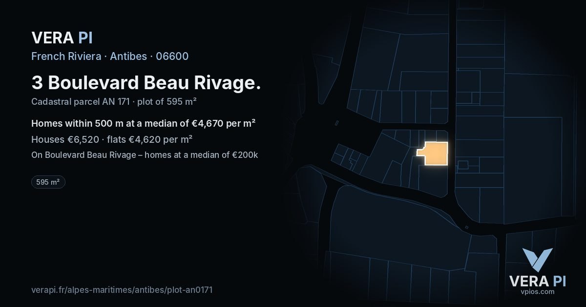 3 Boulevard Beau Rivage, Antibes at night – the plot lit, the parcels around coloured by the prices near them