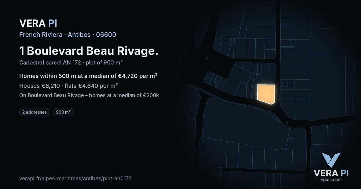 1 Boulevard Beau Rivage, Antibes at night – the plot lit, the parcels around coloured by the prices near them