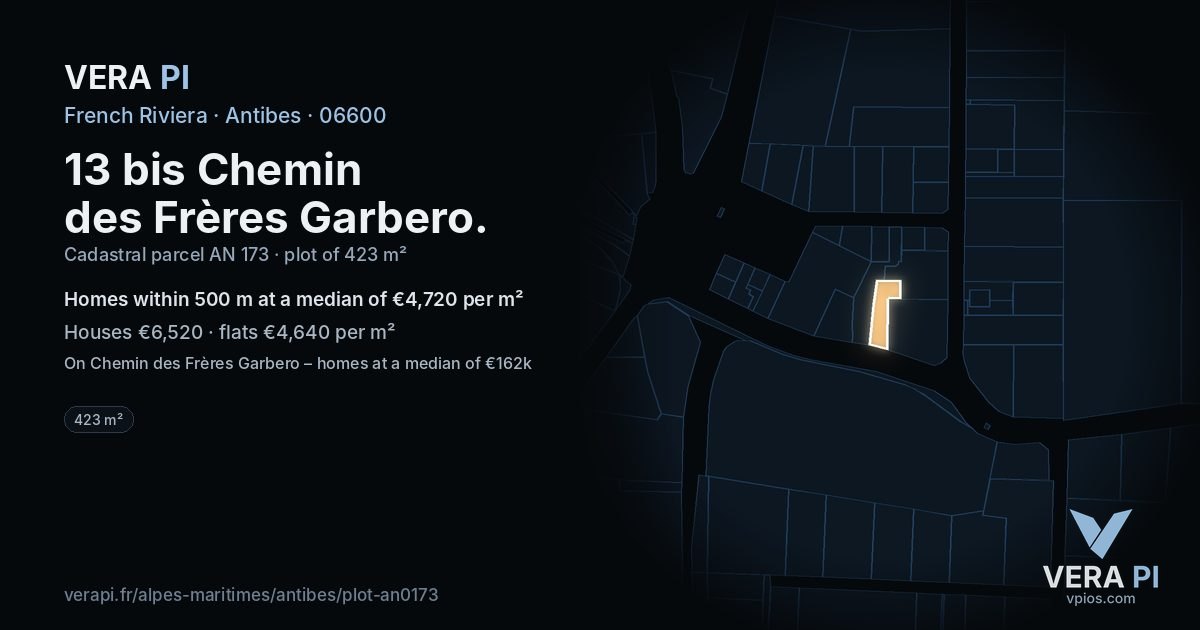 13 bis Chemin des Frères Garbero, Antibes at night – the plot lit, the parcels around coloured by the prices near them