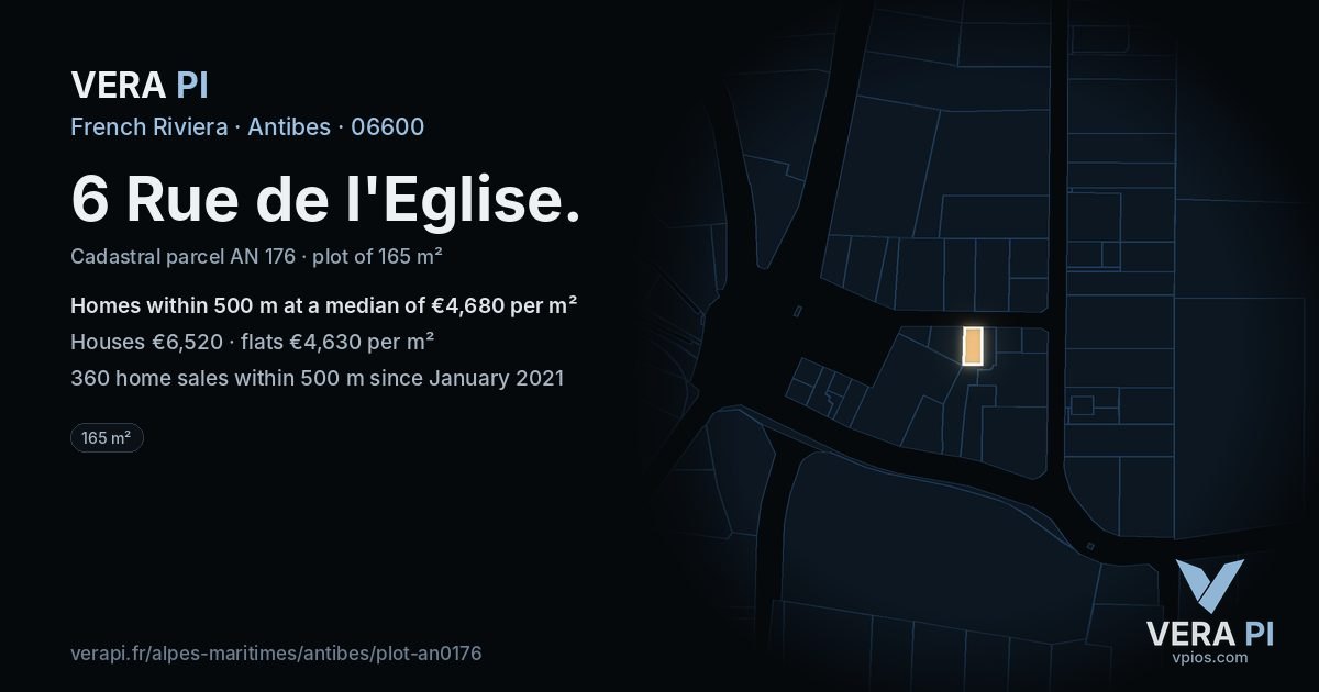 6 Rue de l'Eglise, Antibes at night – the plot lit, the parcels around coloured by the prices near them